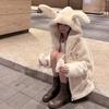 Fluffy Jacket With Rabbit Ears Raglan Sleeve Zipper Oversize Light Soft Harajuku Kawaii Warm Faux Fur Hoodie