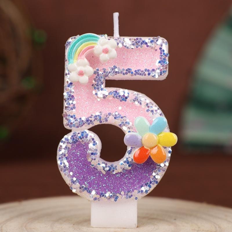 Flowers Rainbow Handmade Numbers Birthday Candles Cake Decoration Party Festive First Year Number Candles 0-9