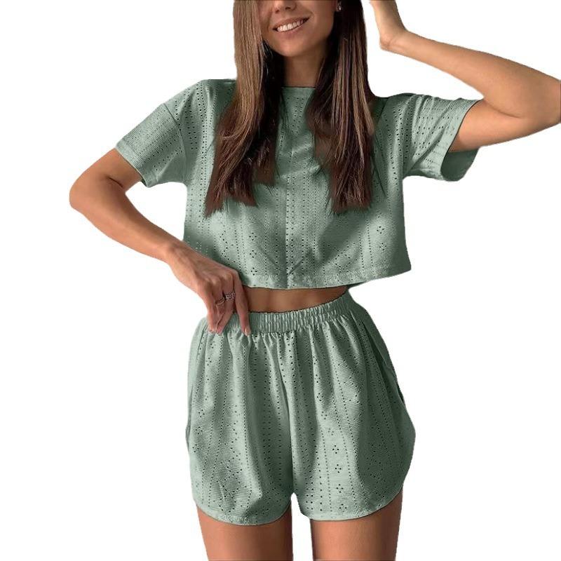 Elegant Women's Sets Spring And Summer Sports And Casual Suit Women Solid Colour Hollow Open Fork Dew Neck Short Two Piece Set