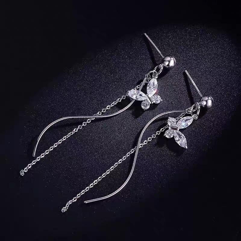 Butterfly Diamond Long Fringed Earrings Korean Version Simple Face Thin Temperament Earrings Ins Style Earrings