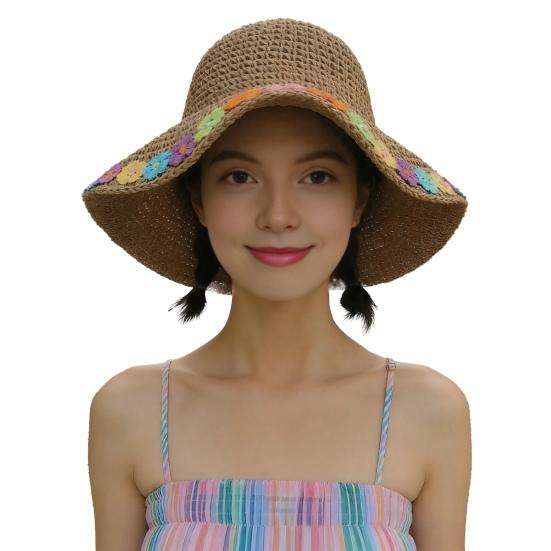 Beach Hat Hollow Design Large Eaves UV Blocking Colorful Flower Decoration Sun Protection