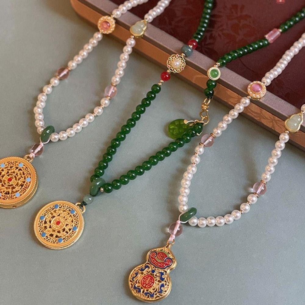 Zinc Zinc Alloy Pendant Pearl Beaded Necklaces Lucky Bag Vintage Sweater Chain  Cheongsam