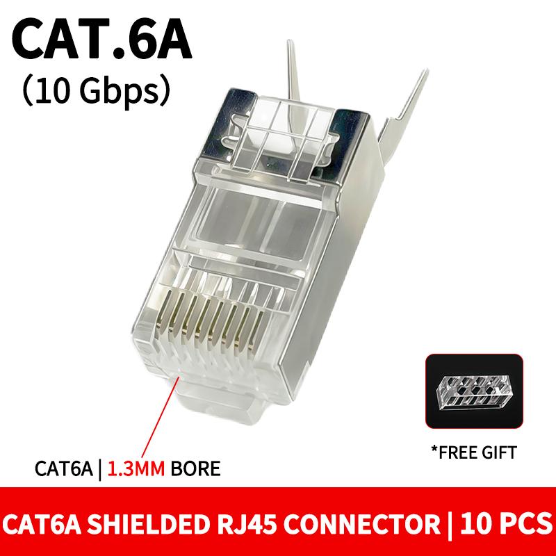 10Pcs Cat.6A shielded through-hole pure copper RJ45 modular plug, 10Gigabit transmission, compatible with Cat6 network cable