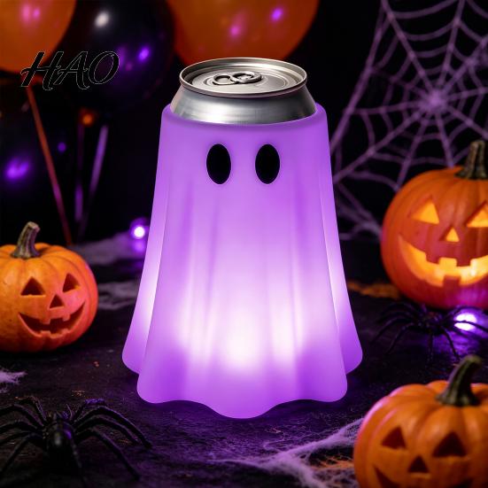 Halloween Beverage Can Sleeve 3D Printed Ghost Holder, Glow?in?the?Dark Soda Non Slip Protector Cup Cover, Cute Tabletop Decor for Party