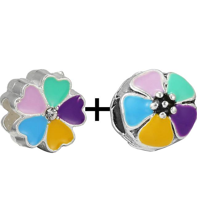2pcs Colorful Paw Flower Butterfly Beads Rainbow Fit Original Brand Charms Silver Color Bracelets Necklaces Women Diy Jewelry