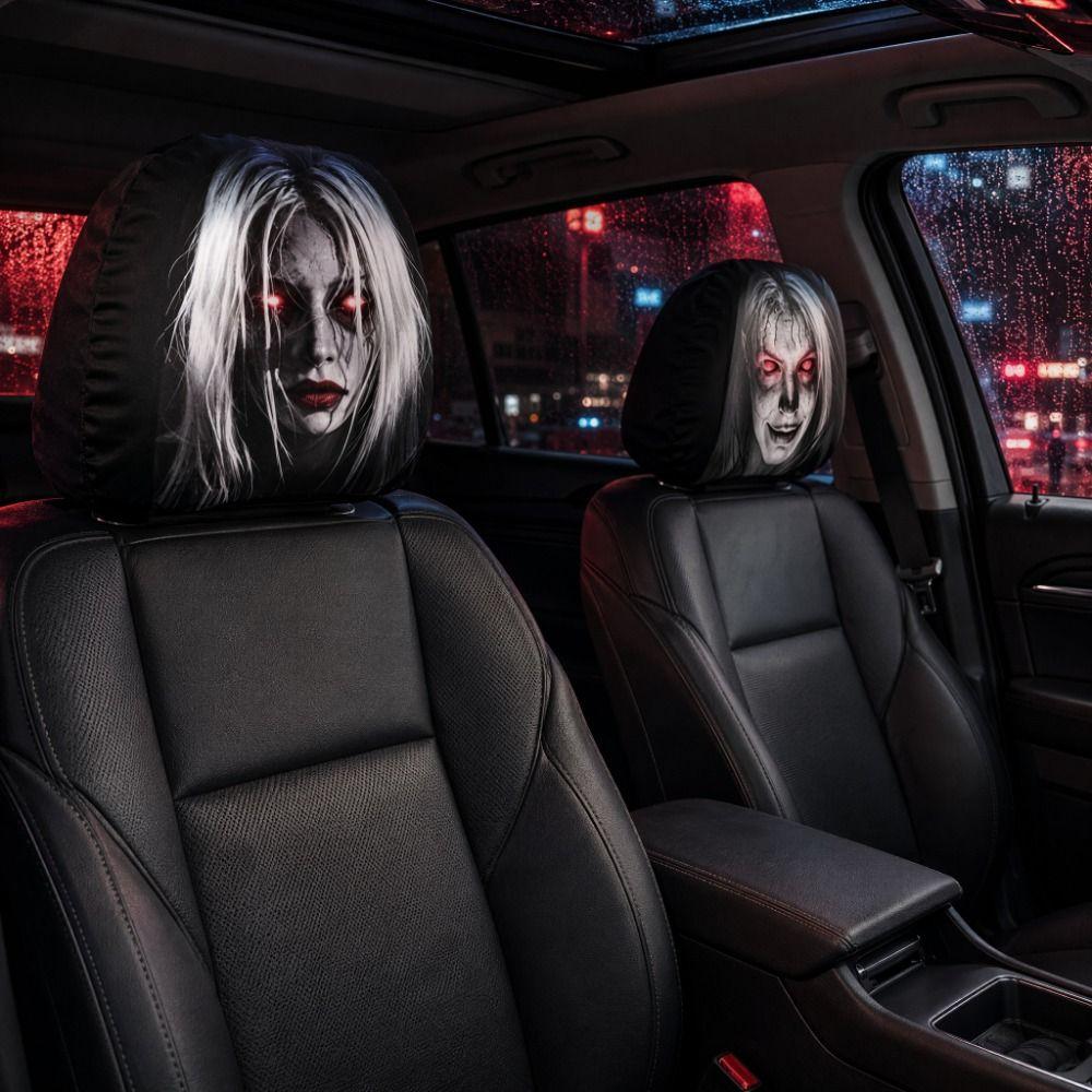2 Pcs Ghost Headrest Covers 2D Stretch Neck Pillowcase Terrifying Car Interior Decor Universal Fit