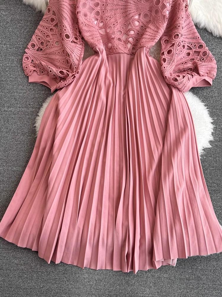 Pink Crochet Lace Hollow Out Embroidery Patchwork Pleated Dress New Summer Women O Neck Lantern Sleeve Slim Holiday Party Dress