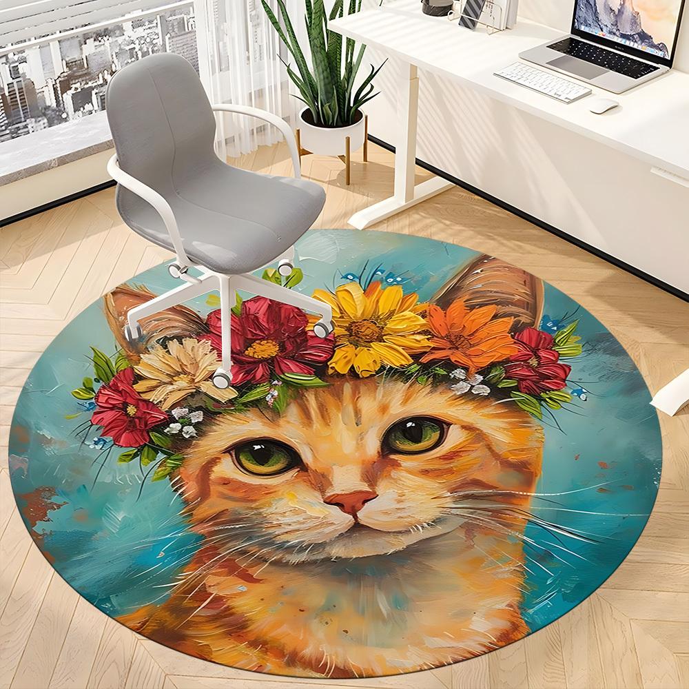 1pc Flower Crown Cat Office Round Area Rug, Indoor Mat Suitable ForOffice, Under Office Chairs Bedroom Living Room Home Decor, Room Deco D081
