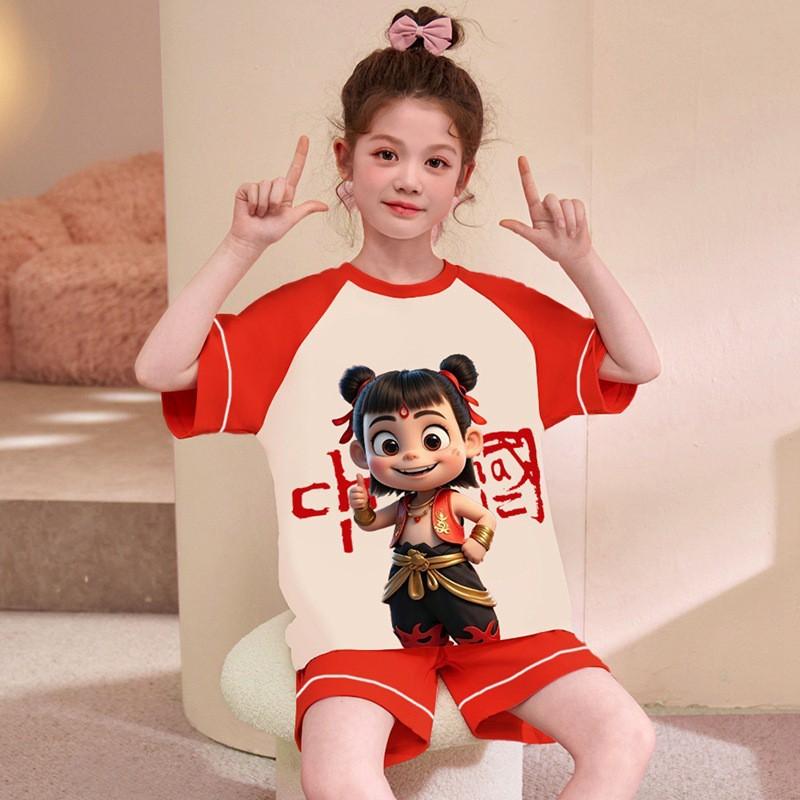 Girls Cotton Short Sleeve Pajama Set Sleepwear Kids 8 Years Cartoon Print Home Outfit