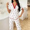 Spring and Autumn Women's Wide-Leg Print Pajama Set: Comfortable Short Sleeve Top and Long Pants for Indoor/Outdoor Wear.
