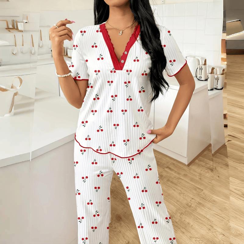 Spring and Autumn Women's Wide-Leg Print Pajama Set: Comfortable Short Sleeve Top and Long Pants for Indoor/Outdoor Wear.