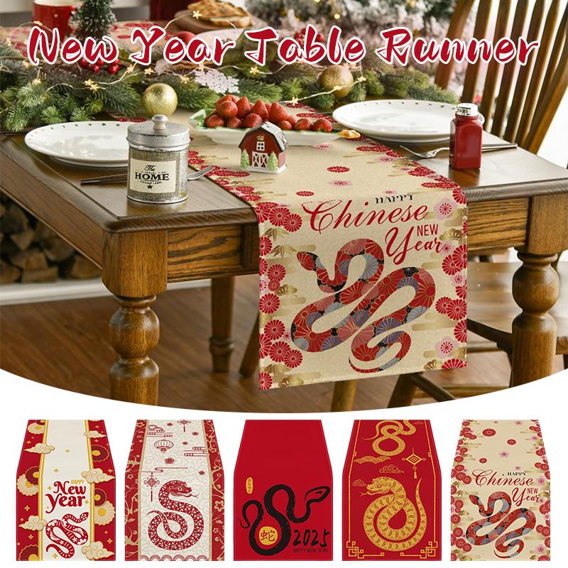 2025 Snake Year Table Runner Floral Snake Pattern Festival Party Decor Tablecloth Chinese Traditional New Year Table Covers