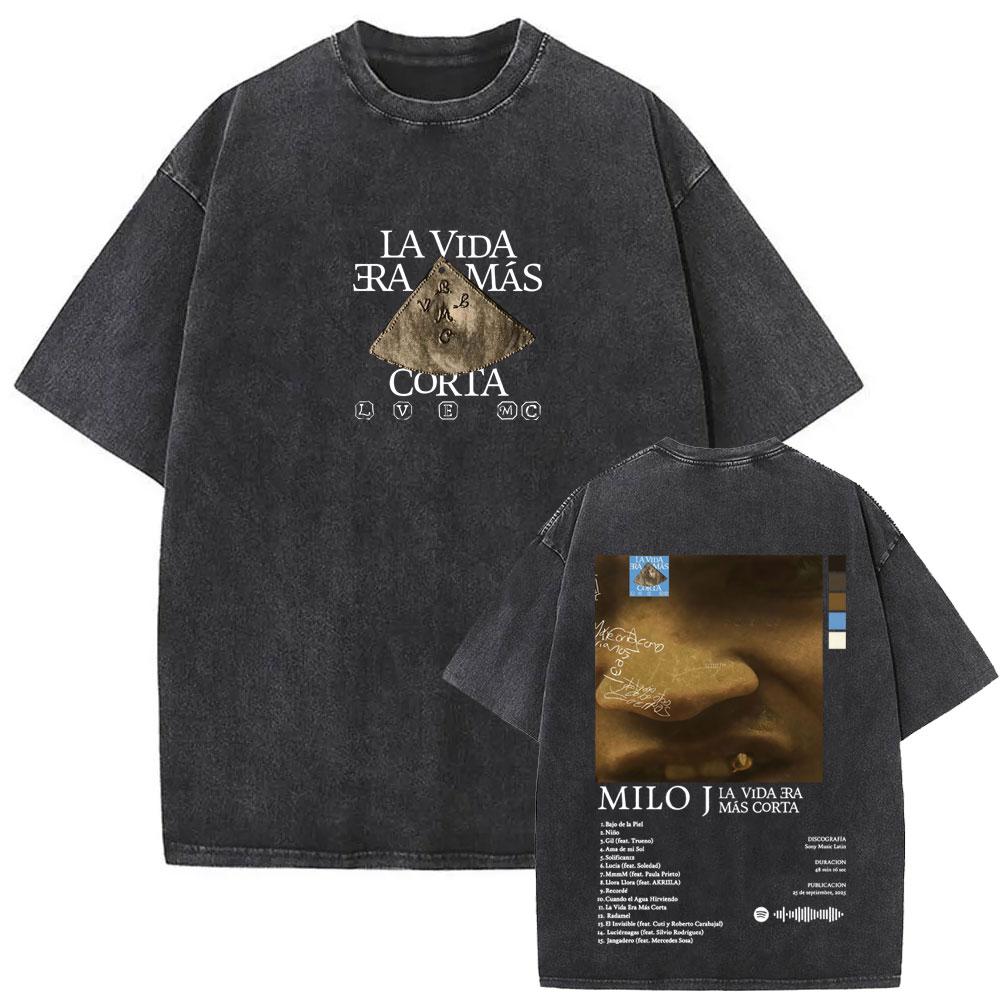 Washed Vintage Rapper Milo J La Vida Era Mas Corta Album Graphic Tshirt Men Women Hip Hop Fashion Pop Music T Shirts Streetwear