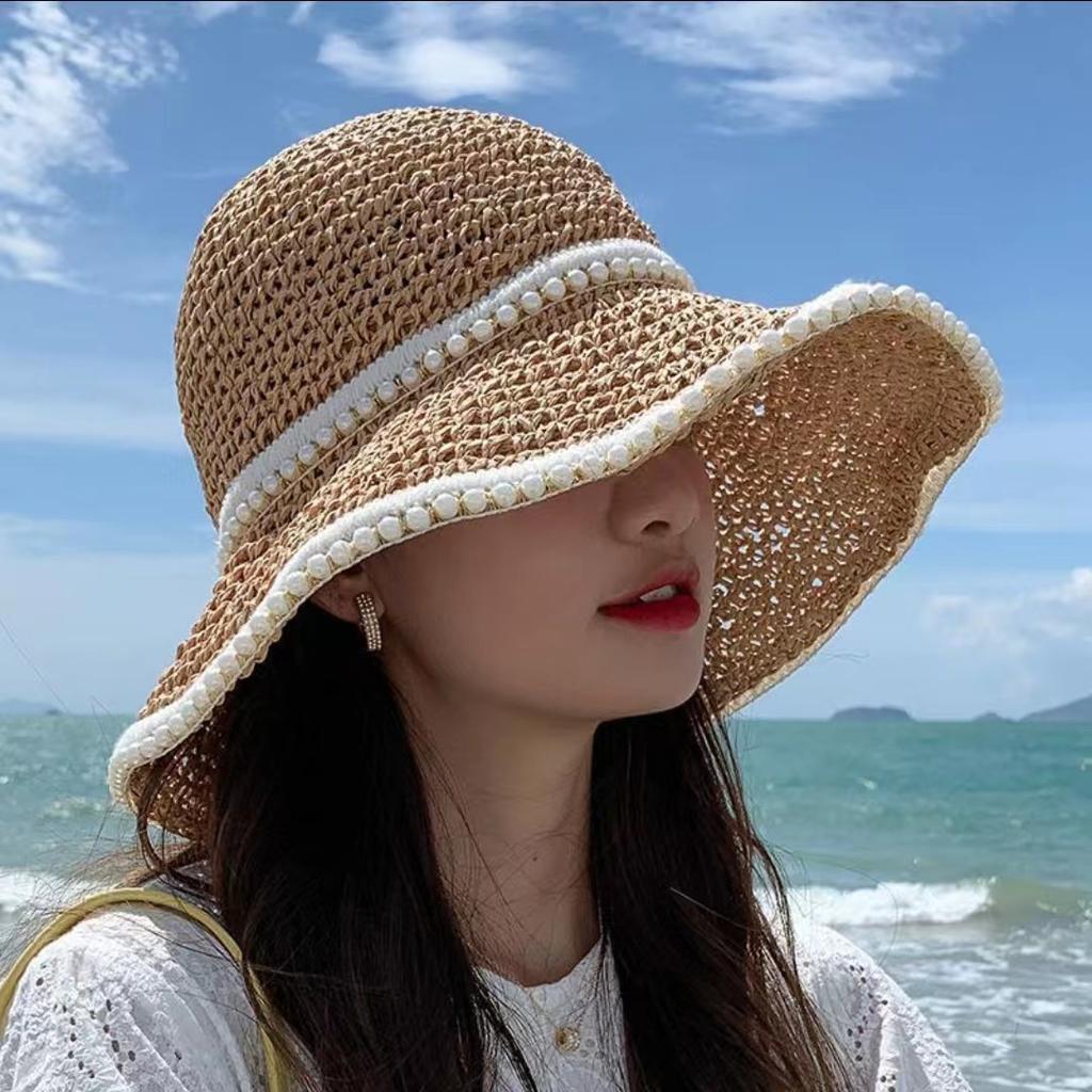 Hat Women's Woven Pearl Straw Hat Summer Thin Sunshade Sun Protection Seaside Beach Show Face Little Fisherman Sun Hat Cool