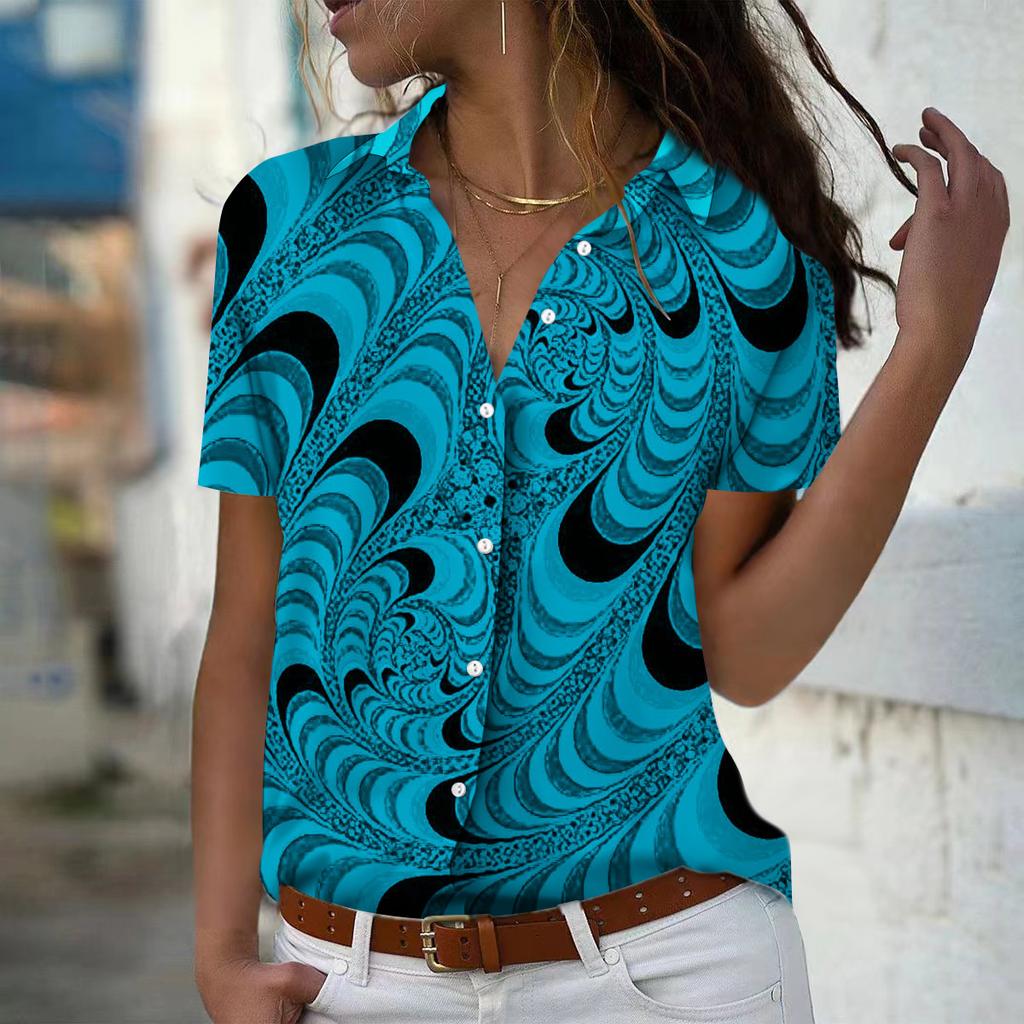 2025 Summer New Fashion Women's Retro Printed Short Sleeve V-neck Casual Button-down Shirt Top