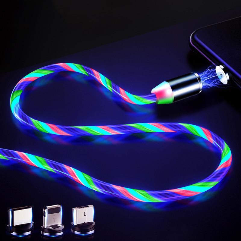 Магнитный 8-контактный USB-кабель Flow Luminous Lighting для IPhone XR 7 8 Micro USB TypeC Магнит Быстрая зарядка