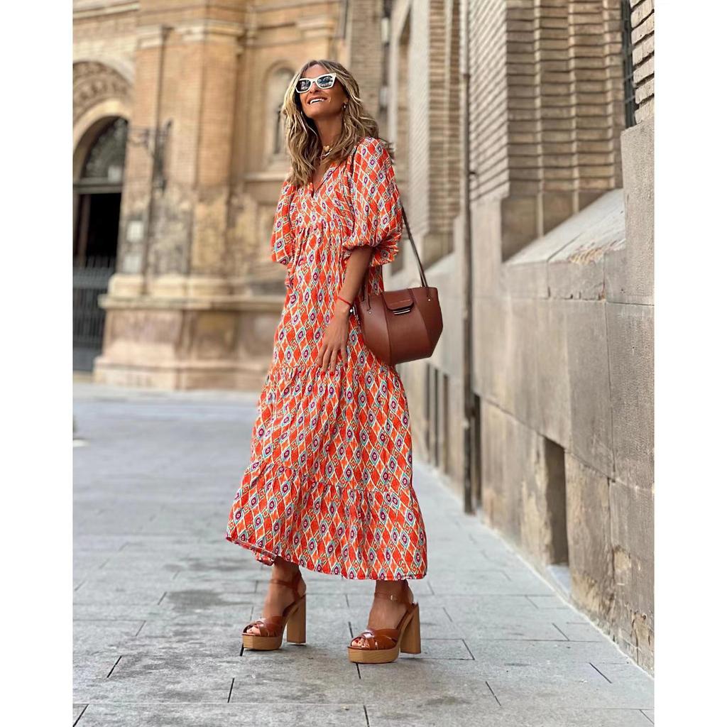 Летнее трендовое платье с геометрическим узором и рукавами-фонариками 2022 года, женская мода больших размеров.