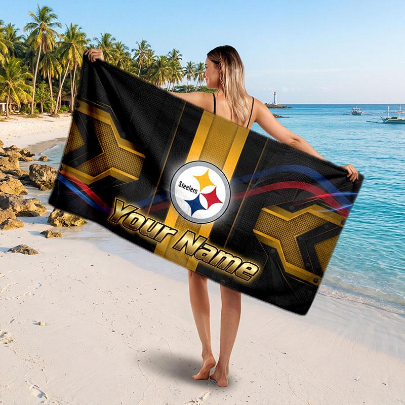 Pittsburgh Steelers Customized Name Text Beach Towel, Soft Absorbent Towel Beach Pool Travel Personal Gift