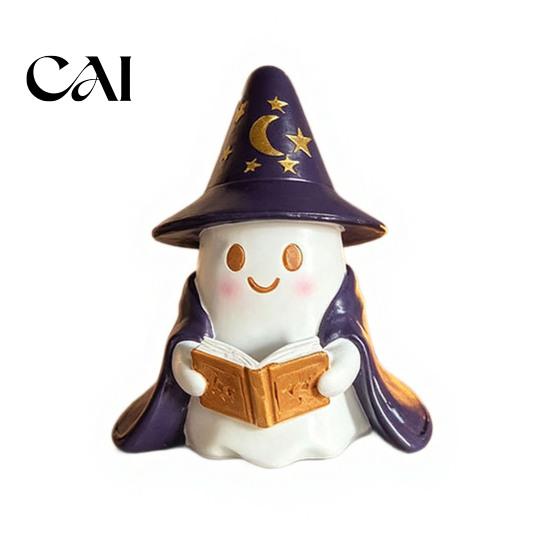 Shelf Sitter Ghost Lighted Figurine, Resin Wizard Statue with LED Light, Cute Halloween Gifts for Kids Reading Book Night Light Home Desktop