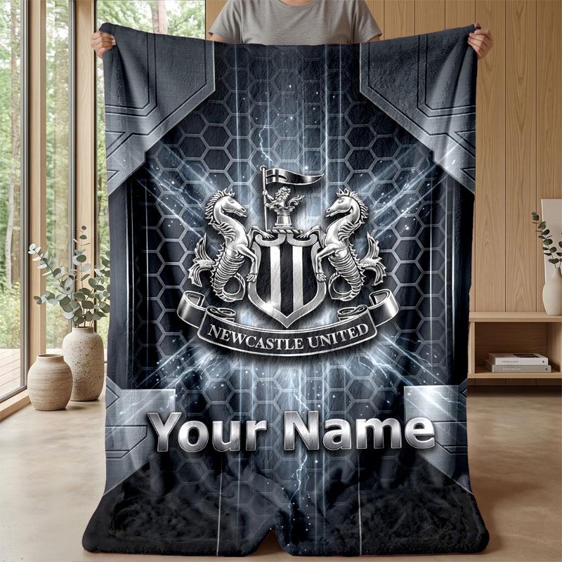 Newcastle United FC Custom Name Text Flannel Blanket Soccer Logo Personalized Fleece Throw Blanket Special Gift For Sofa Bedroom Home