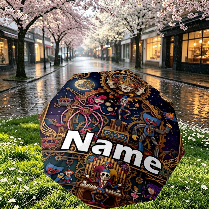 Custom Name Personalized Poppy Playtime Print Umbrella, Auto Open Close, 8‑Rib Sturdy Frame, Commute Camping Hiking Use, Birthday Gift