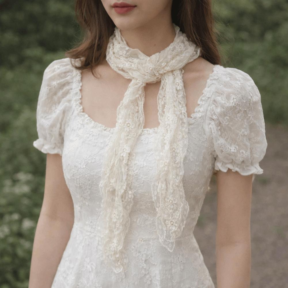 White Beige Lace Neck Scarf Flower Ribbon Headband Trendy Photo-Ready Shawl Spring Summer
