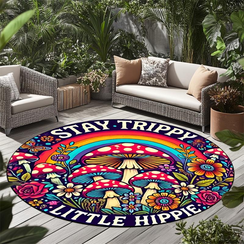 VIKAMA Stay Trippy Little Hippie Круглый ковер для пола Психоделический гриб Цветок Нескользящий коврик для пола для гостиной Коврик для патио