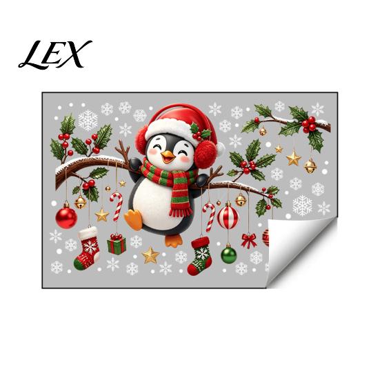 Non Adhesive Window Film Christmas Static Cling, Penguin Decal with Holly Baubles Snowflakes, Party Displays Festive Decor for Home Living Room