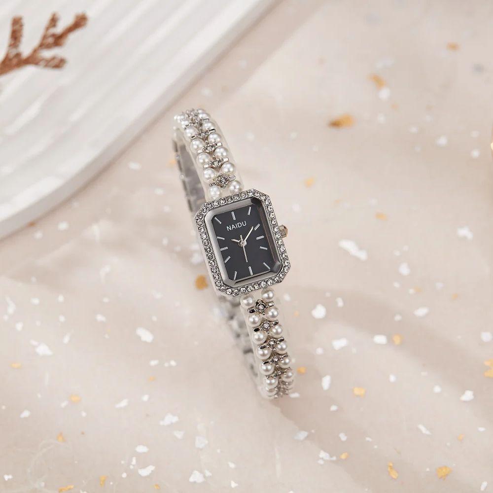 Модные Роскошные Женские Наручные Часы Стразы Квадратный Циферблат Ремешок из Имитации Белого Жемчуга Водонепроницаемые Женские Кварцевые Часы Reloj