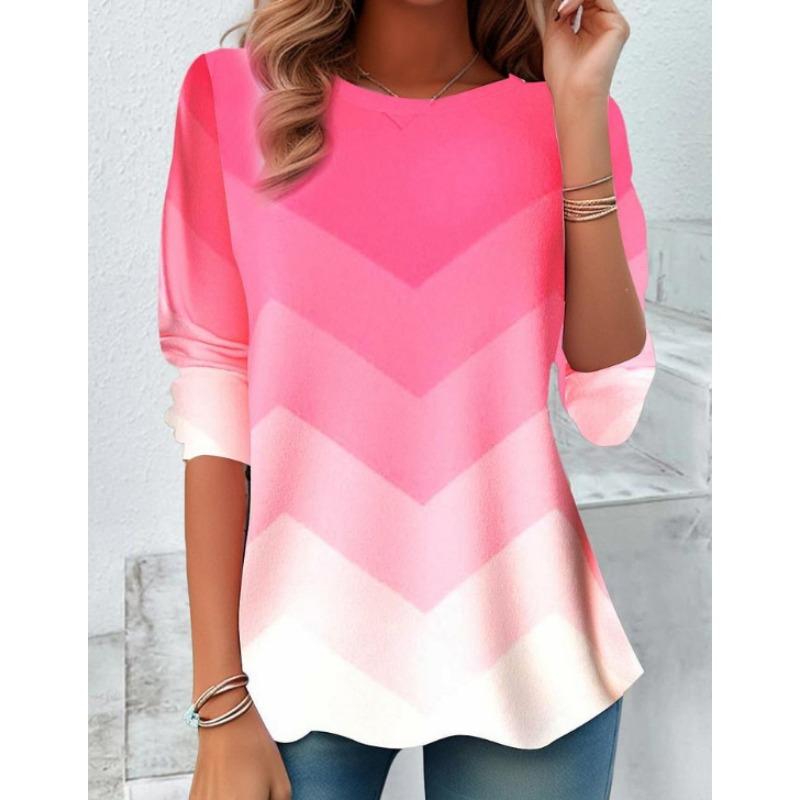 Весна Осень V-образный вырез с цифровым принтом повседневная свободная женская футболка с длинными рукавами пуловеры и длинные рукава (Женский)