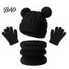 Outdoor Skiing Cold Protection Set Kids Winter Warm Knit Set, Bear Ear Hat, Fleece Lined Neck Gaiter & School Wear for Little Full Finger Gloves,