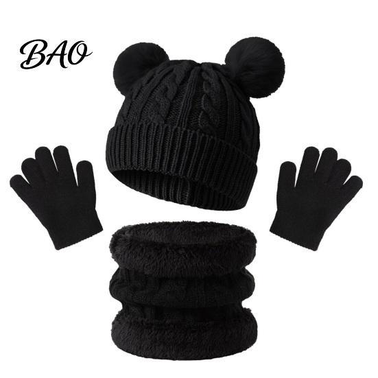 Outdoor Skiing Cold Protection Set Kids Winter Warm Knit Set, Bear Ear Hat, Fleece Lined Neck Gaiter & School Wear for Little Full Finger Gloves,
