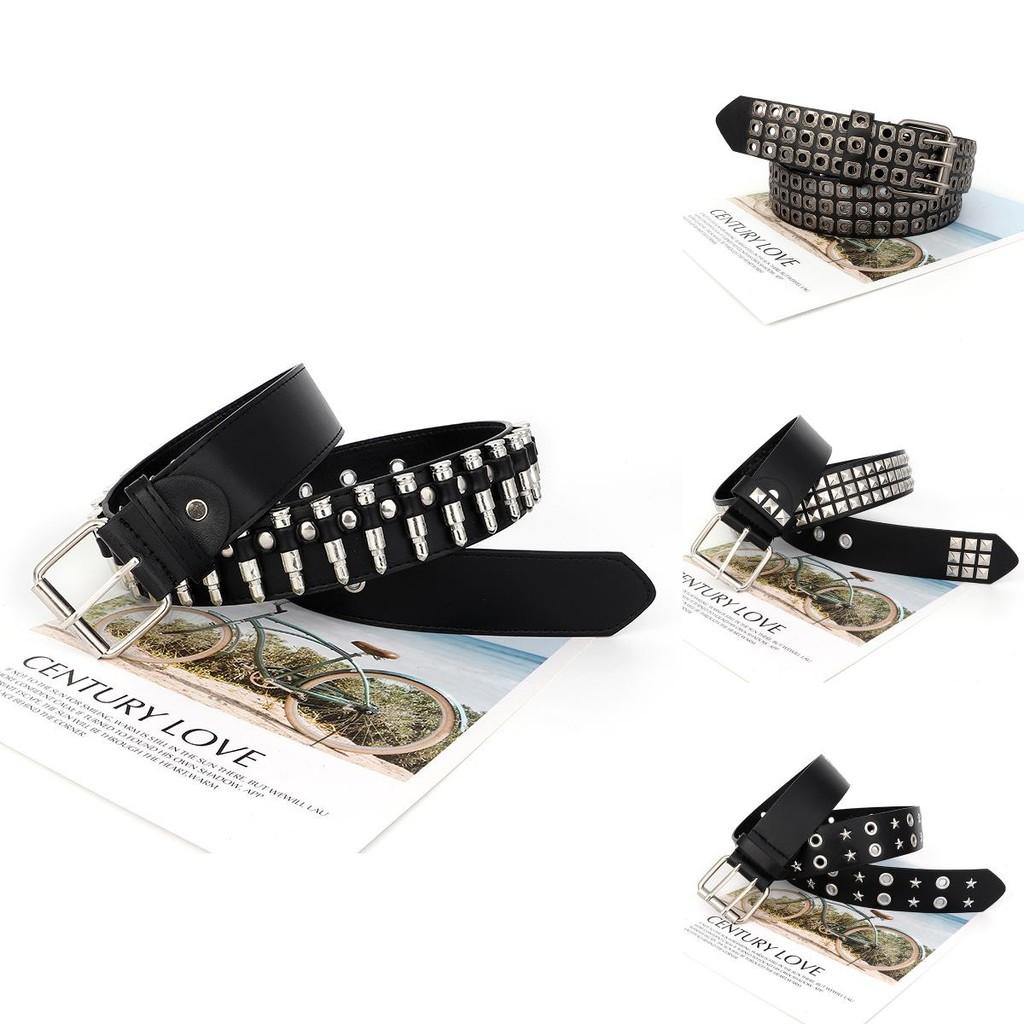 Leather Style Punk Belt With Three Row Hollow Square Buckle Bullet Head Design