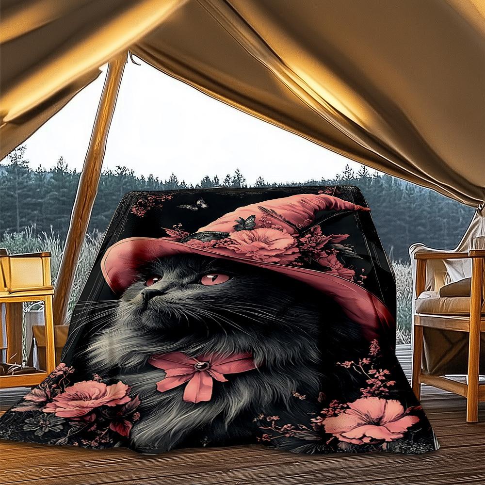 1pc Cat Hat Floral Throw Blanket Polyester Fiber, Lightweight Flannel, Soft & Warm, All Season Use for Outdoor, Camping Digital Print