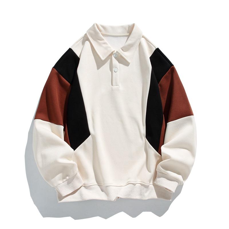 Весна и осень Новые мужские рубашки поло в корейском стиле с лацканами и длинными рукавами с цветными блоками Модные универсальные толстовки для пар