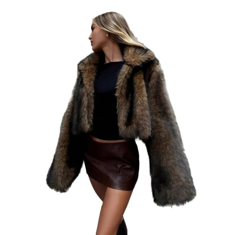 Womens Short Faux Fur Jacket - Brown Black Tip Street Style Fall 2026