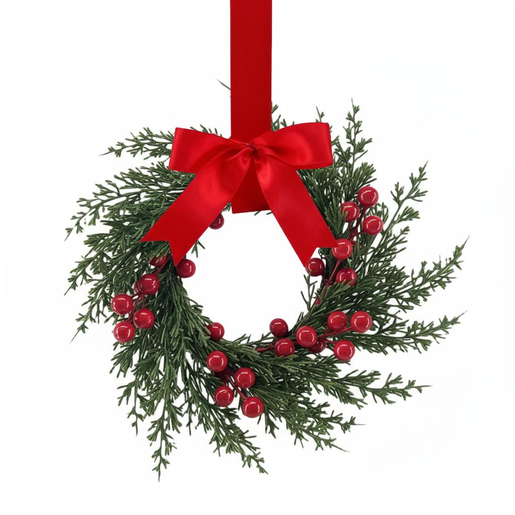 10 Inch Mini Christmas Wreaths Kitchen Cabinet Small Xmas Wreath with Bow Ribbon for Window Door Chair Fireplace Hanging Decor
