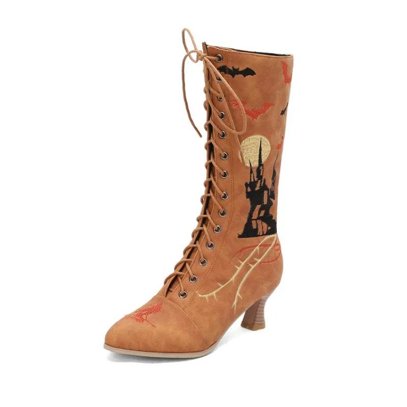 Мода 2025 Новые Хэллоуин Косплей Сапоги Женские Вышивка Туфли Ведьмы На Шнуровке Каблук-рюмочка Винтажные Викторианские Сапоги Вечеринка Женщина