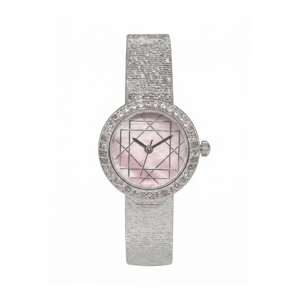 Round Quartz Watch For Women Rhinestone Bezel Geometric Line Dial Textured Mesh Strap Elegant Daily Waterproof Wristwatch