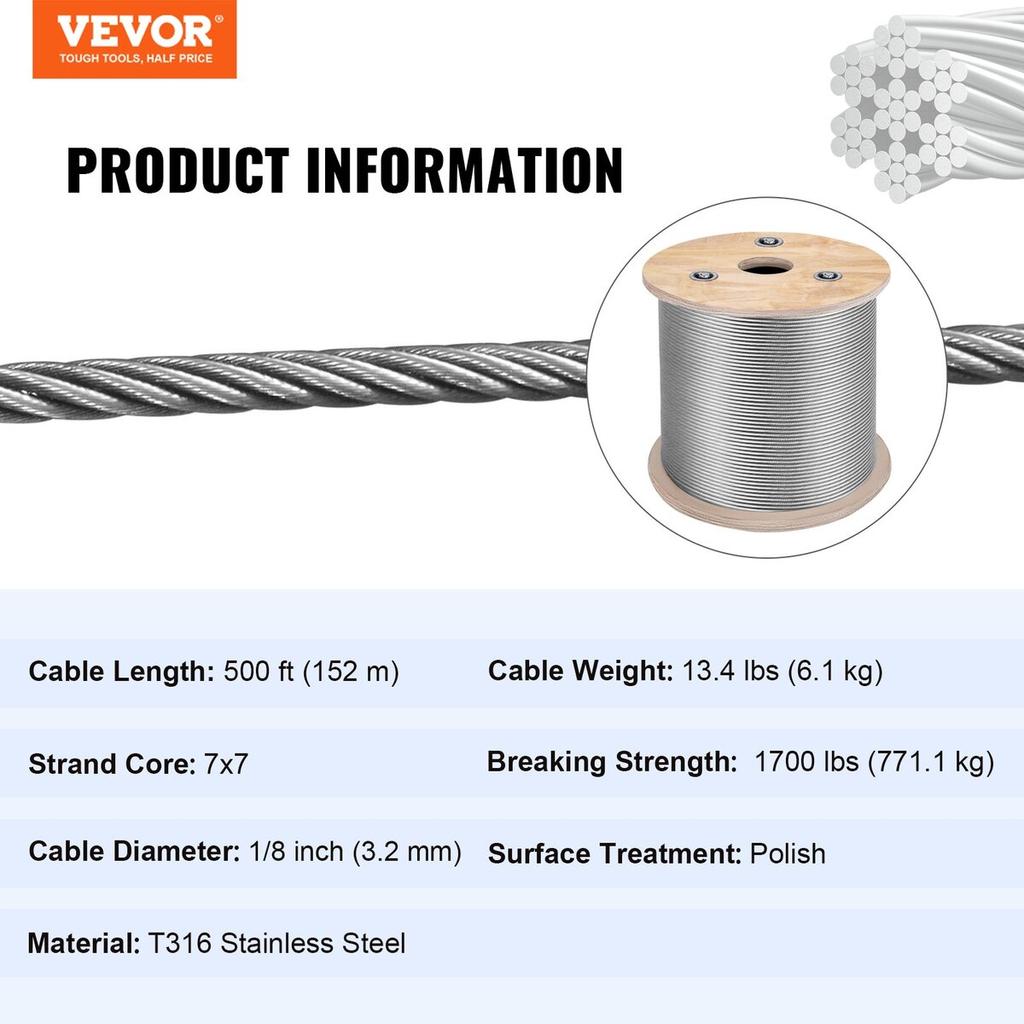 T316 Stainless Steel Cable 1/8" 7x7 Steel Wire Rope Cable 500FT Cable Railing Transport Wire Rope Cable for Railing Decking DIY Balustrade