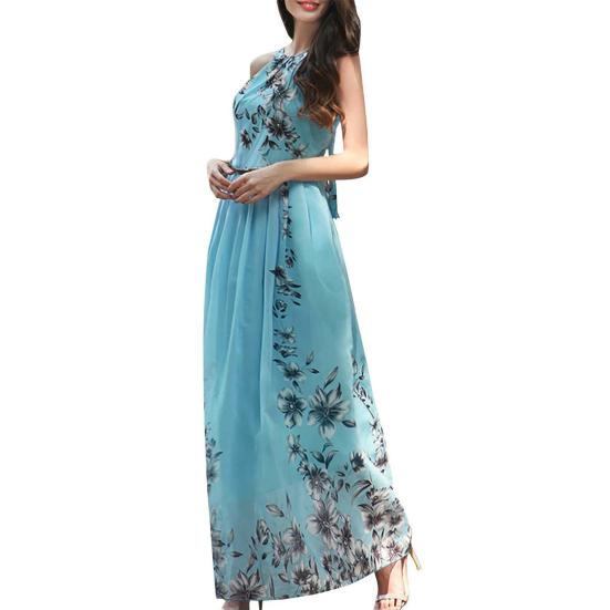 Women's Floral Maxi Dress Sleeveless Halterneck Chiffon Midi Dress Summer Boho Sundress with Belt for Vacation Wedding Cocktail Prom Party
