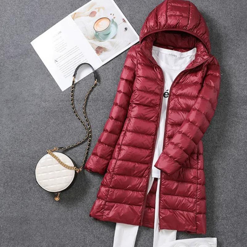 Новая легкая пуховая куртка для женщин на осень и зиму, длинная, из белой утиной ткани, корейская версия, легкая ветровка, тонкая куртка со съемной шапочкой, теплая куртка.