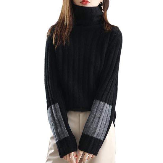 Women Winter Autumn Sweater Turtleneck Neck Protection Long Sleeve Knitted Warm Thick Soft Pullover Color Block Patchwork Lady Sweater
