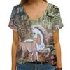 Summer 2023 Novelty Horse Dragonfly Print Short Sleeve T-Shirt, Loose Informal Street Top, Oversized V-Neck, 3D Flower Print Vin