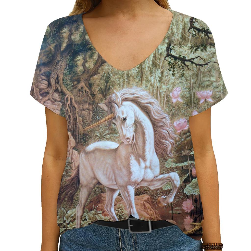 Summer 2023 Novelty Horse Dragonfly Print Short Sleeve T-Shirt, Loose Informal Street Top, Oversized V-Neck, 3D Flower Print Vin