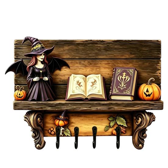 Wooden Halloween Yard Sign Key Holder, Lady Ghost Holder with 4 Hooks, Wall Spooky Ornament Mounted Rack Organizer for Entryway Hallway Home