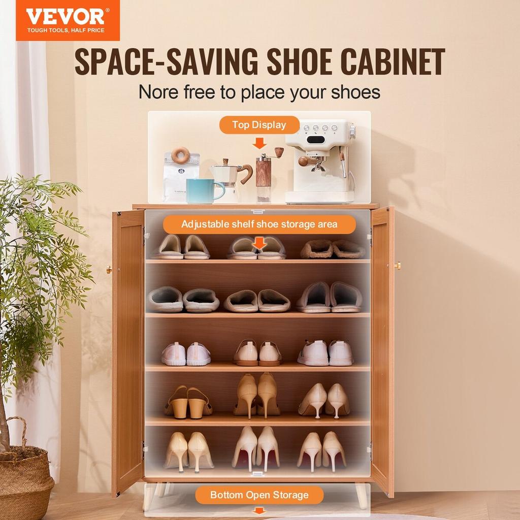 Rattan Shoe Cabinet 5 Tiers Shoe Organizer 2 Doors & Adjustable Shelves
