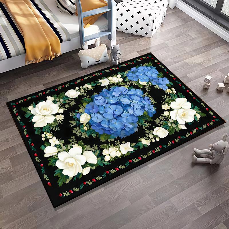Floral Carpet with Blue Hydrangeas and White Roses on Black Background Suitable for use as an anti-slip for living room bedroom sofas