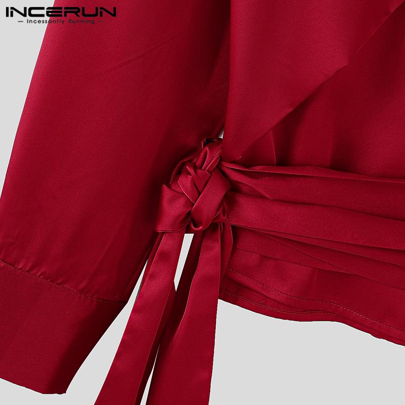 INCERUN Мужские рубашки с длинным рукавом и V-образным вырезом спереди, перекрестные слои, топы