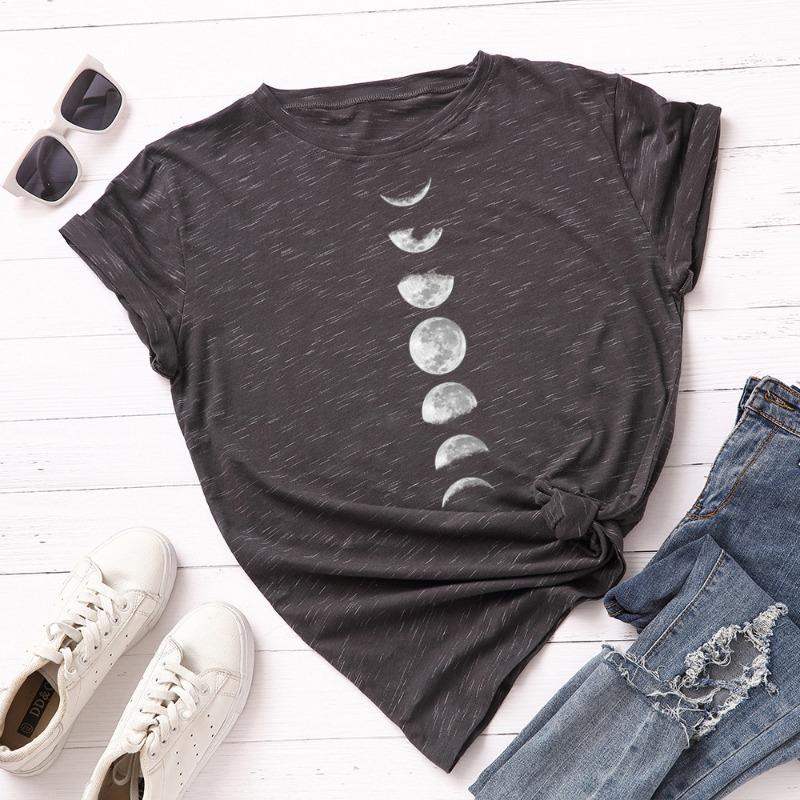 Summer Women's Loose Cotton Printed Lunar Eclipse Picture Round Neck Short Sleeved T-Shirts Women’s
